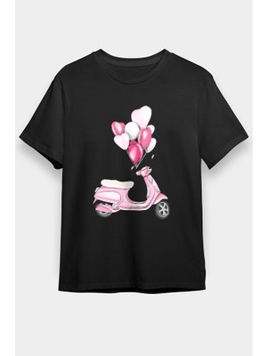 Darkhane Pembe Motosiklet Aşkı Siyah Unisex Tişört T-Shirt