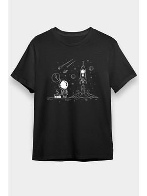 Darkhane Keşif Yapan Astronot Siyah Unisex Tişört T-Shirt