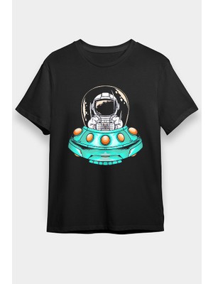 Darkhane Uzay Gemisi Kullanan Astronot Siyah Unisex Tişört T-Shirt