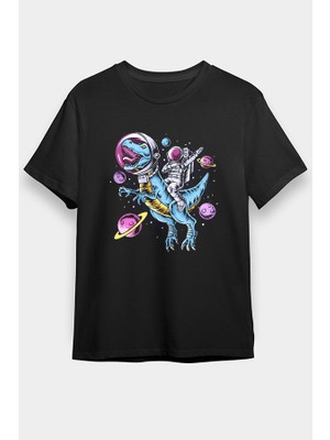 Darkhane T-Rex ve Astronot Siyah Unisex Tişört T-Shirt