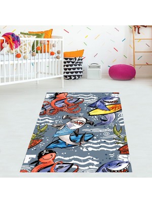 Pelangi Çekiç Balığı Ahtapot Desenli Dijital Baskı Yıkanabilir Kaymaz Taban Leke Tutmaz Çocuk Odası Halısı