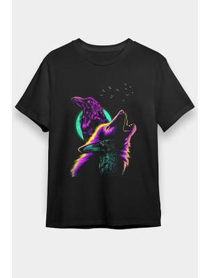 Darkhane Karga ve Kurt Siyah Unisex Tişört T-Shirt