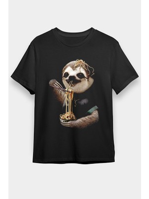 Darkhane Tembel Hayvan Yavaş Yeme Yarışması Siyah Unisex Tişört T-Shirt