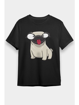 Darkhane Dil Çıkaran Pug  Siyah Unisex Tişört T-Shirt