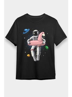 Darkhane Pelikan Can Simidi ve Astronot Siyah Unisex Tişört T-Shirt