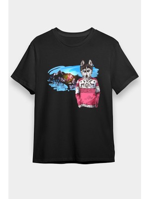 Darkhane Dağlardaki Sibirya Kurdu Husky Haski Siyah Unisex Tişört T-Shirt