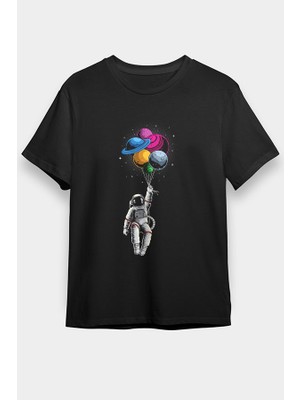Darkhane Balonlu Astronot Siyah Unisex Tişört T-Shirt