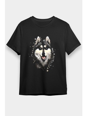 Darkhane Sanatsal Sibirya Kurdu Husky Haski Siyah Unisex Tişört T-Shirt