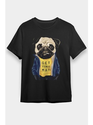 Darkhane Mavi Ceketli Karizmatik Pug Siyah Unisex Tişört T-Shirt