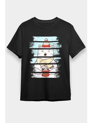 Darkhane Kahve Içen Kutup Ayısı Siyah Unisex Tişört T-Shirt