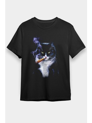 Darkhane Puro Içen Karizmatik Kedi Siyah Unisex Tişört T-Shirt