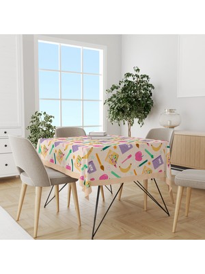 Krem Defter ve Kalem Desenli Süet Dertsiz Masa Örtüsü