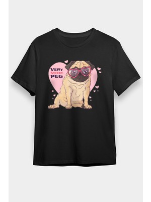 Darkhane Kalp Gözlüklü Pug Siyah Unisex Tişört T-Shirt