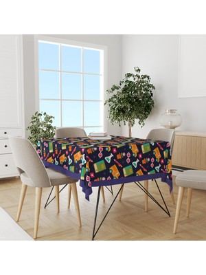 Lacivert Defter Kalem Desenli Süet Dertsiz Masa Örtüsü