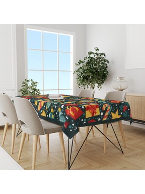 Kırmızı Turuncu Yılbaşı Süsü Desenli Süet Dertsiz Masa Örtüsü