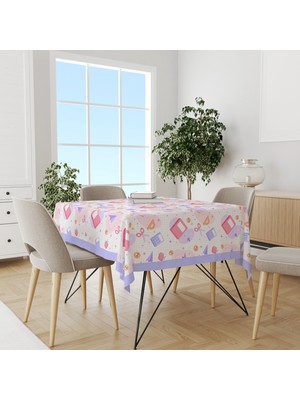 Lila Okul Malzemeleri Desenli Süet Dertsiz Masa Örtüsü