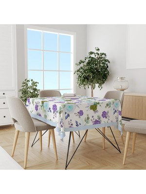 Lila Mavi Gül Desenli Süet Dertsiz Masa Örtüsü