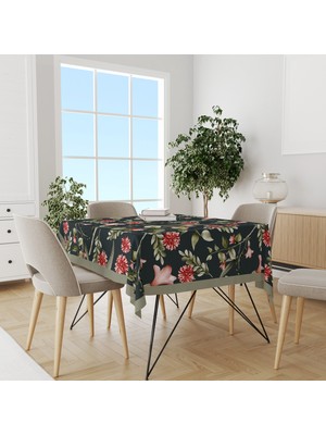 Moud's Koyu Yeşil Kırmızı Çiçek Desenli Süet Dertsiz Masa Örtüsü
