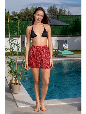 EKE TEKSTİL Kırmızı Çiçek Desenli Şortlu Günlük Plaj Tenis Eteği