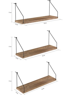 Suntalam Duvar Rafı Kitaplık Mutfak Banyo Yaşam Alanı 3 'lü Set 15 x 55 cm . Kahverengi Iskandinav