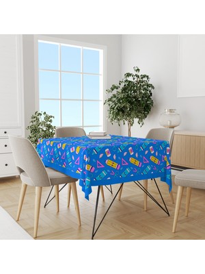 Mavi Kalem Makas Silgi Desenli Süet Dertsiz Masa Örtüsü