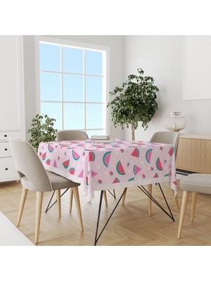Pembe Karpuz ve Çilek Desenli Süet Dertsiz Masa Örtüsü