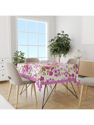 Pembe Lila Çiçek Desenli Süet Dertsiz Masa Örtüsü