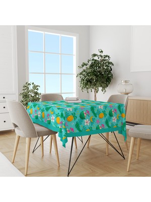 Turkuaz Ananas ve Hindistan Cevizi Desenli Süet Dertsiz Masa Örtüsü