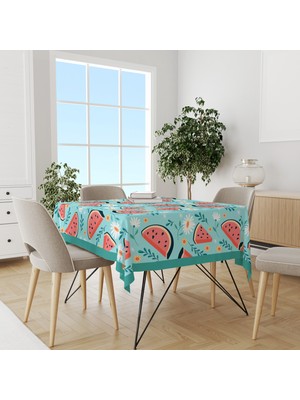 Turkuaz Karpuz ve Papatya Desenli Süet Dertsiz Masa Örtüsü