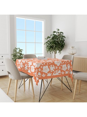Turuncu Yaz Çiçekleri Desenli Süet Dertsiz Masa Örtüsü