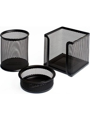 Ark Siyah Metal Perfore 3'lü Set Masa Üstü Kırtasiye Ürünü 1 Adet Notluk 1 Adet Kalemlik