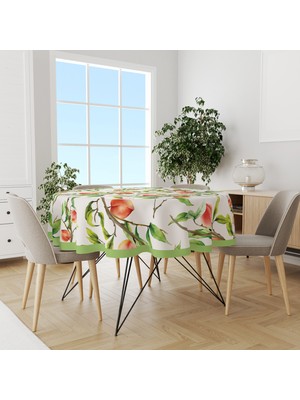 Turuncu Yeşil Çiçek Desenli Yuvarlak Süet Dertsiz Masa Örtüsü