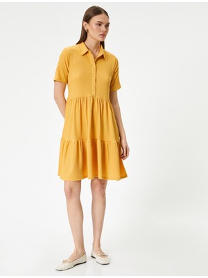 Koton Rahat Kalıp Kısa Kollu Elbise Gömlek Yaka Düğme Detaylı Katlı