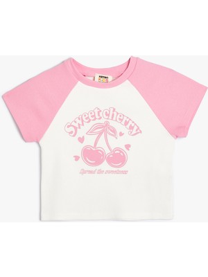 Koton Kız Çocuk Tişört Kiraz Baskılı Kısa Kollu Pamuklu Günlük Stil Ekru 7 - 8 Yaş