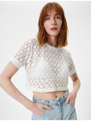 Koton Kroşe Ajurlu Tişört Crop Bisiklet Yaka Kısa Kollu