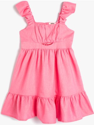 Koton Elbise Kolsuz Pencere Detaylı Kare Yaka Keten Karışımlı