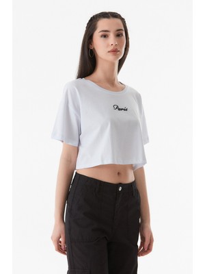 Paris Nakışlı Bisiklet Yaka Crop T-Shirt