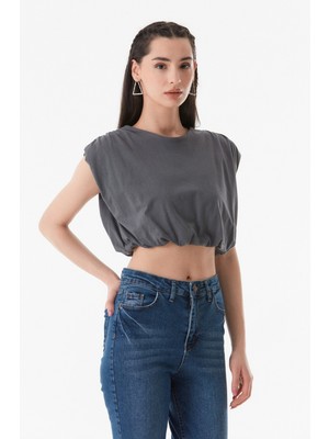 Basic Bisiklet Yaka Beli Lastikli Crop T-Shirt