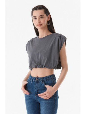 Basic Bisiklet Yaka Beli Lastikli Crop T-Shirt