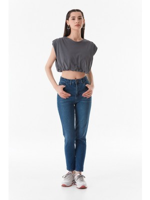 Basic Bisiklet Yaka Beli Lastikli Crop T-Shirt