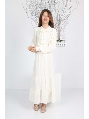 Asortix Kız Çocuk Uzun Astarlı Şifon Krem Tesettür ELBISE-ELB-0033