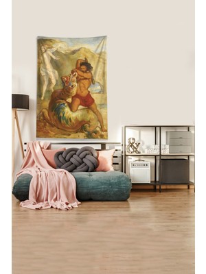 Pelangi Kahverengi Avcı Desenli Leke Tutmaz Kadife Kumaş Duvar Örtüsü Duvar Halısı Tapestry