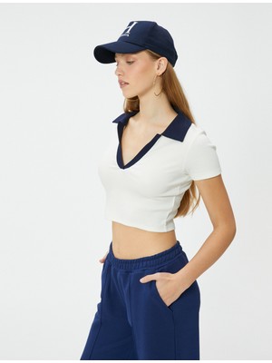 Koton Polo Yaka Crop Tişört Renk Kontrastlı Kısa Kollu Slim Fit