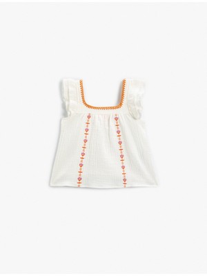 Koton Bluz Işlemeli Fırfır Kollu Kare Yaka Pamuklu