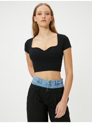 Koton Kalp Yaka Crop Tişört Ribanalı Kısa Kollu Slim Fit