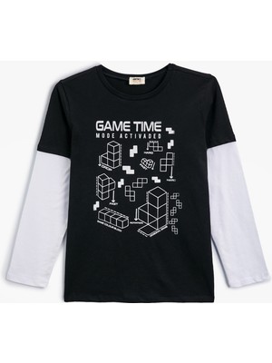 Koton Tişört Oyun Temalı Uzun Kollu Bisiklet Yaka Pamuklu