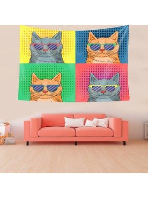 Pelangi Kedi Desenli Sevimli Gözlüklü Kedi Leke Tutmaz Kadife Doku Kumaş Duvar Örtüsü Duvar Halısı Tapestry