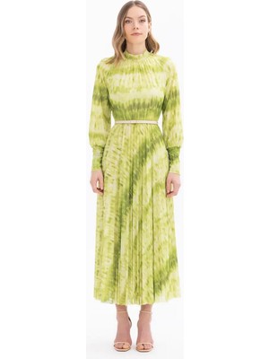 Seçil Dik Yaka Desenli Uzun Kollu Yeşil Kadın Elbise 10242104001020