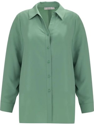 Galaxi Gömlek Yaka Büyük Beden Uzun Kollu Yeşil Kadın Gömlek 10002411514004