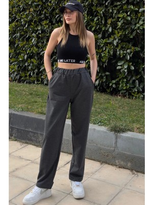 New Laviva Kadın Antrasit Beli Lastikli Cepli Paçası Pliseli Salaş Pantolon